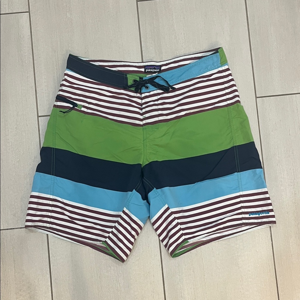 Patagonia Men’s Green, Blue & Maroon Striped Boardshorts